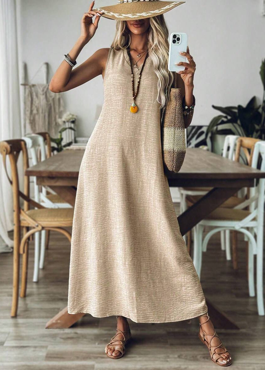 Vestido Longo Decote em V sem Manga Mariá Khaki