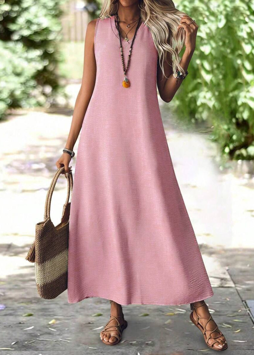 Vestido Longo Decote em V sem Manga Mariá Pink