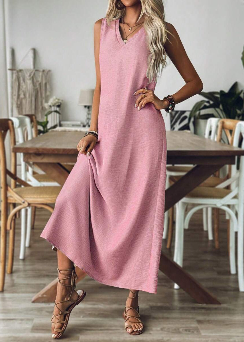 Vestido Longo Decote em V sem Manga Mariá Pink