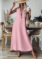 Vestido Longo Decote em V sem Manga Mariá Pink