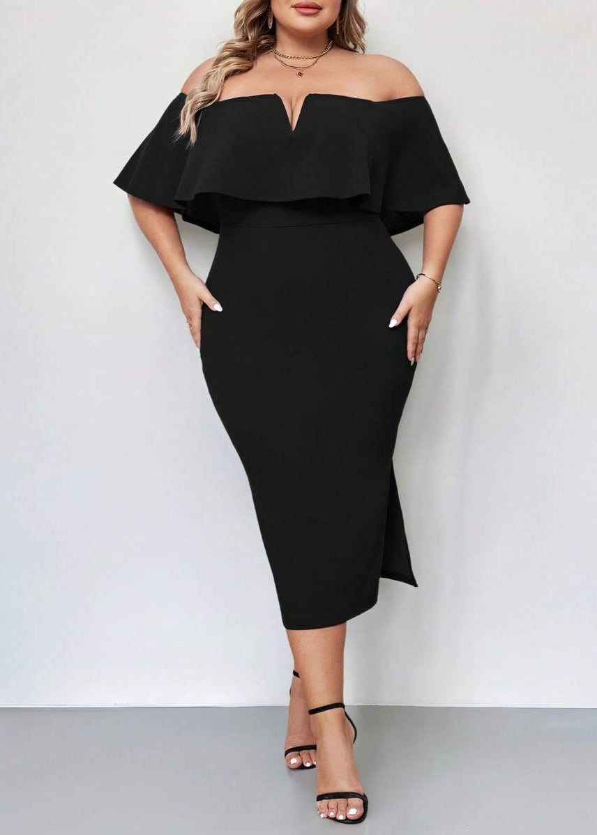 Vestido Plus Size Longo Preto de Babados Val Black