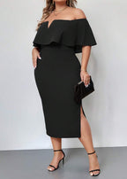 Vestido Plus Size Longo Preto de Babados Val Black