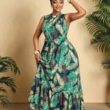 Vestido Plus Size Longo Boho com Estampa Tropical Fabi