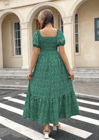 Vestido Longo Casual Gola Quadrada e Manga Bufante Bruna Green