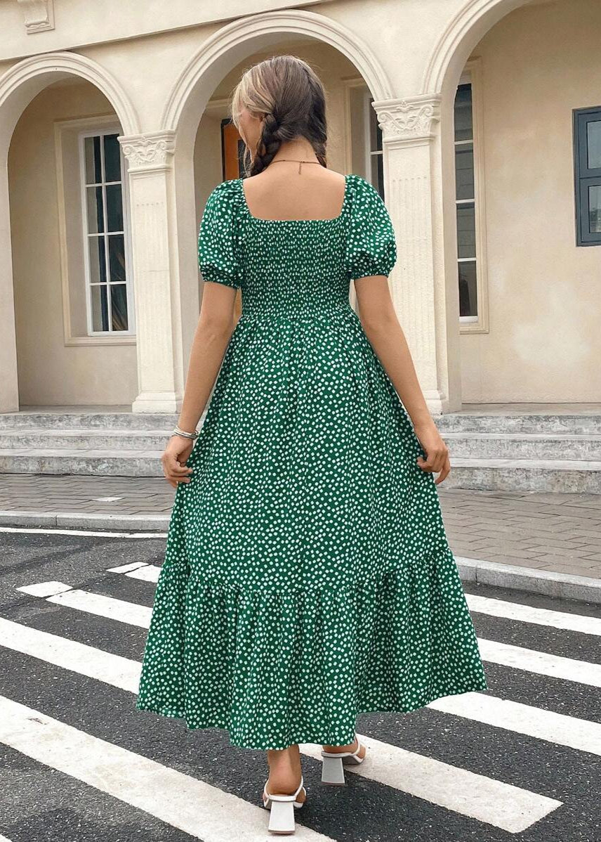 Vestido Longo Casual Gola Quadrada e Manga Bufante Bruna Green