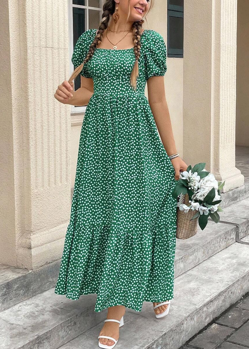 Vestido Longo Casual Gola Quadrada e Manga Bufante Bruna Green