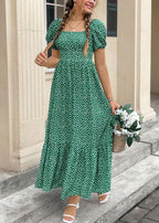 Vestido Longo Casual Gola Quadrada e Manga Bufante Bruna Green