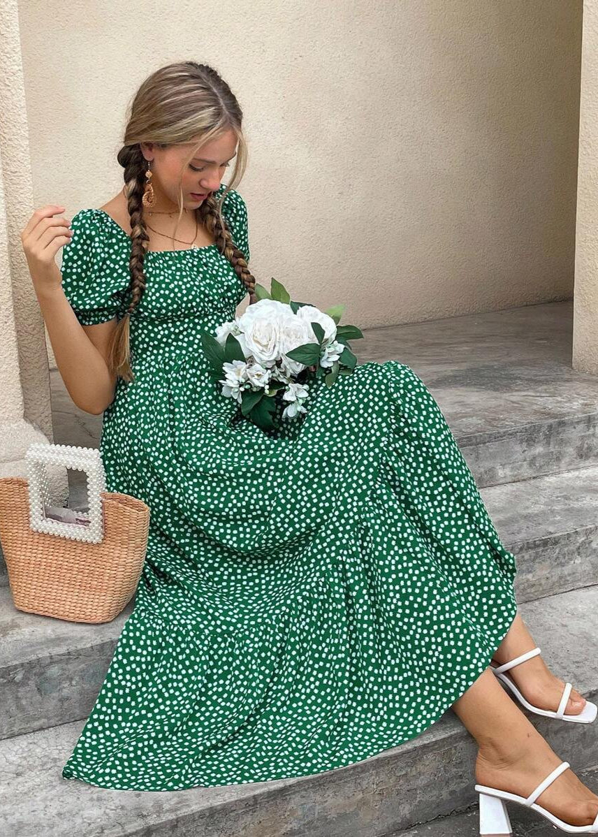 Vestido Longo Casual Gola Quadrada e Manga Bufante Bruna Green