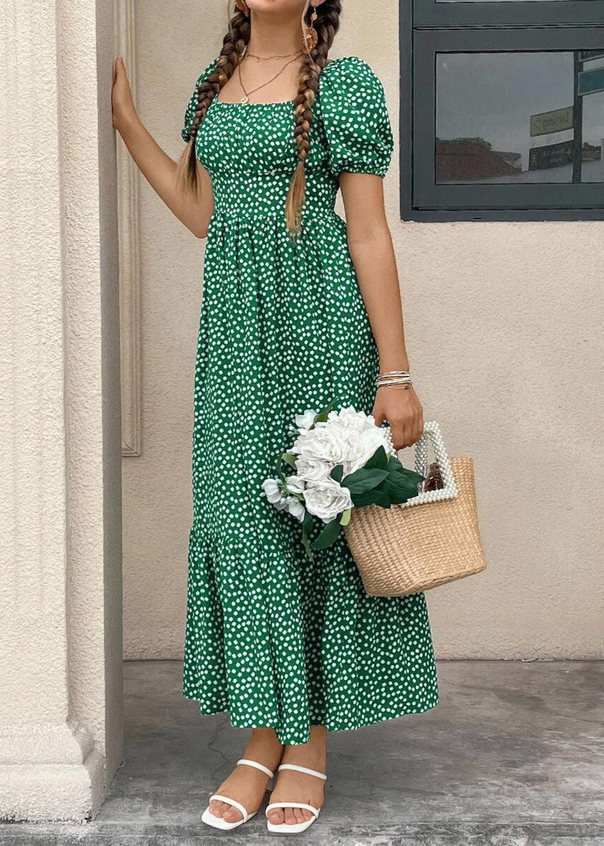 Vestido Longo Casual Gola Quadrada e Manga Bufante Bruna Green