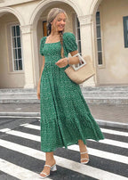 Vestido Longo Casual Gola Quadrada e Manga Bufante Bruna Green