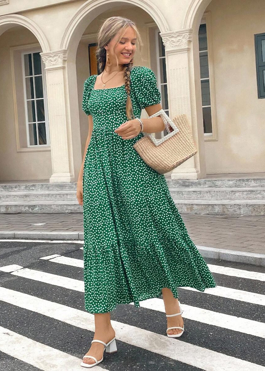 Vestido Longo Casual Gola Quadrada e Manga Bufante Bruna Green