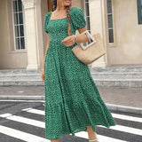 Vestido Longo Casual Gola Quadrada e Manga Bufante Bruna Green