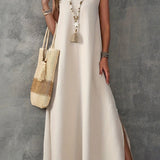 Vestido Longo Elegante sem Manga Lisa Nude