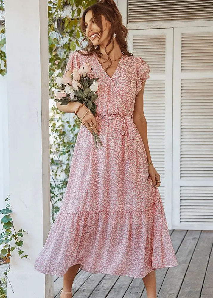Vestido Longo Vintage Floral Manga Curta Bohemian Suelen Pink