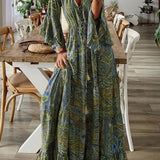 Vestido Longo Gola em V Manga 3/4 Giovana Green