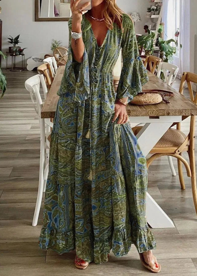 Vestido Longo Gola em V Manga 3/4 Giovana Green