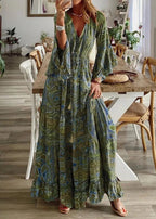 Vestido Longo Gola em V Manga 3/4 Giovana Green