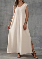 Vestido Longo Elegante sem Manga Lisa Nude