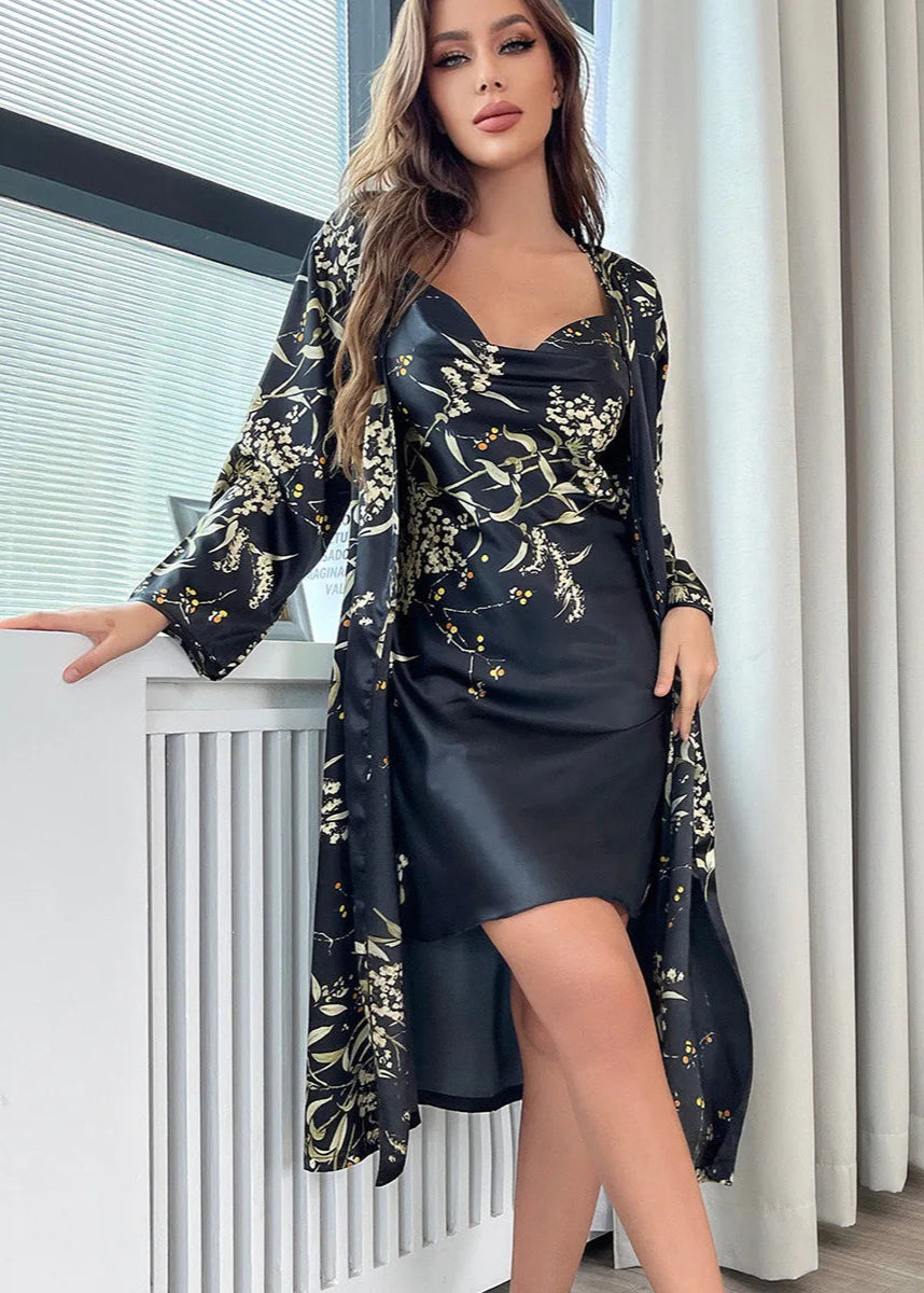 Conjunto Camisola Feminina Curta com Robe Clara Florias Black