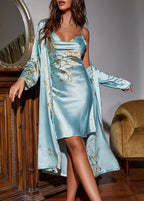 Conjunto Camisola Feminina Curta com Robe Clara Florias Turquesa